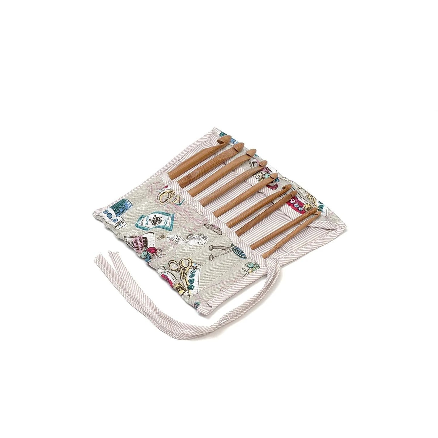 Hobby Gift Filled Crochet Hook Roll Tie Case in a Multi-colour Groves Notions Pattern Fabric (18 x 18.5 x 1cm)