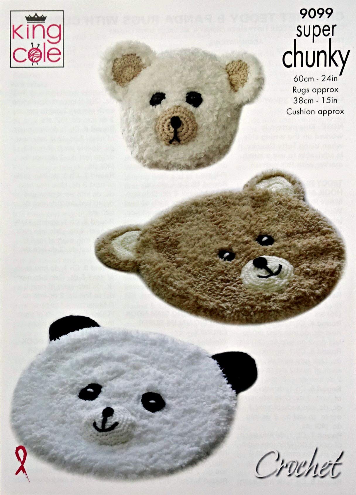 King Cole 9099 Crochet Pattern Teddy and Panda Rugs and Cushion in Tufty Super Chunky