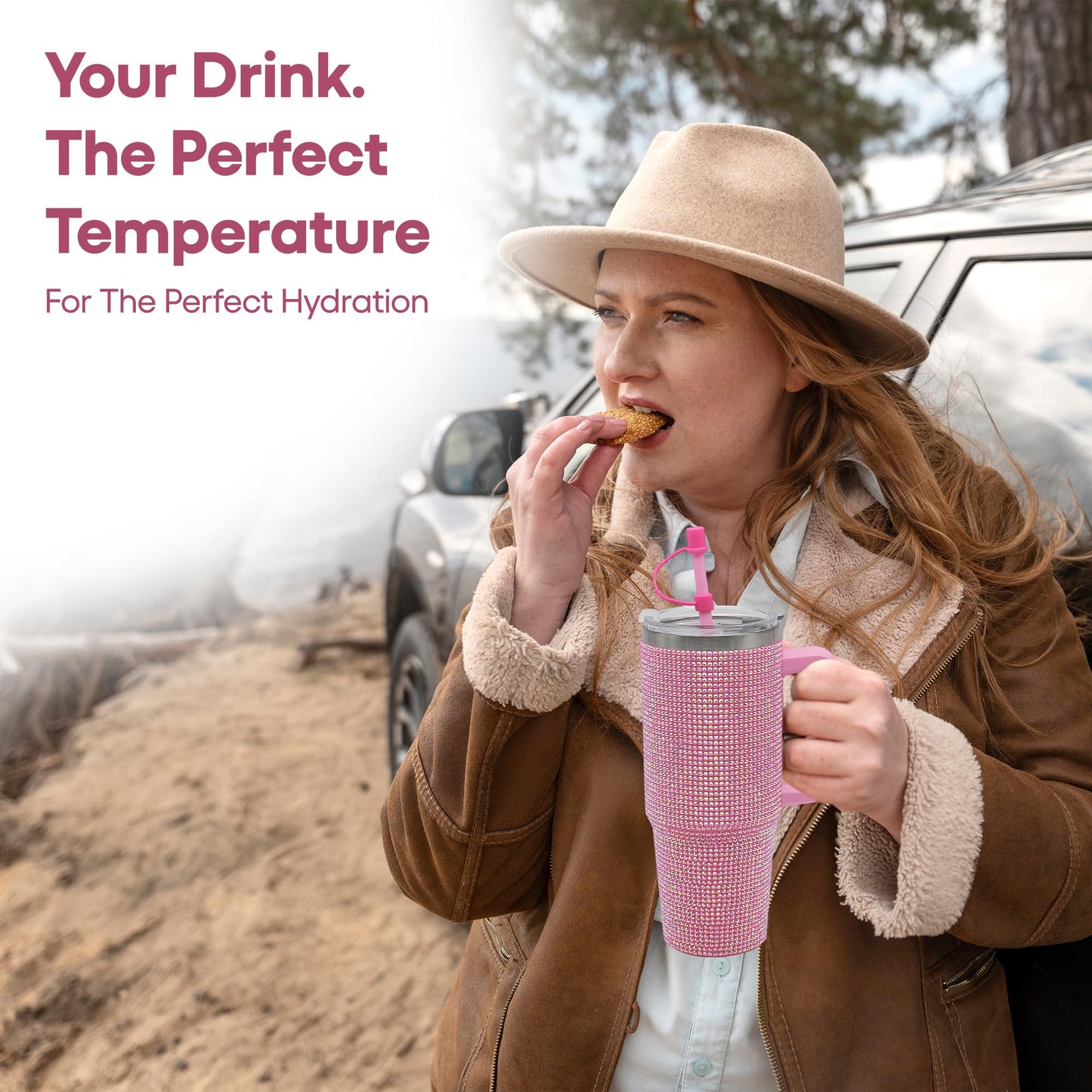 Lesser & Pavey Thirsteez Pink Diamante Drinks Cup for Hot Or Cold Drinks | Large Thermal Travel Mug with Lid & Straw for Office, Gym, Home Or Travel | Insulated Tumbler Coffee Cups for Daily Use