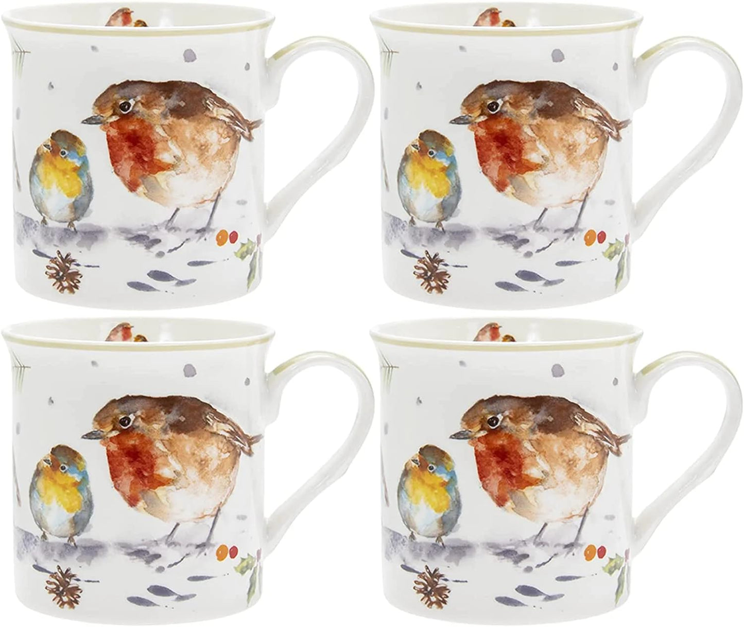 Christmas Tableware - Set of 4 Mugs - Winter Robins Design