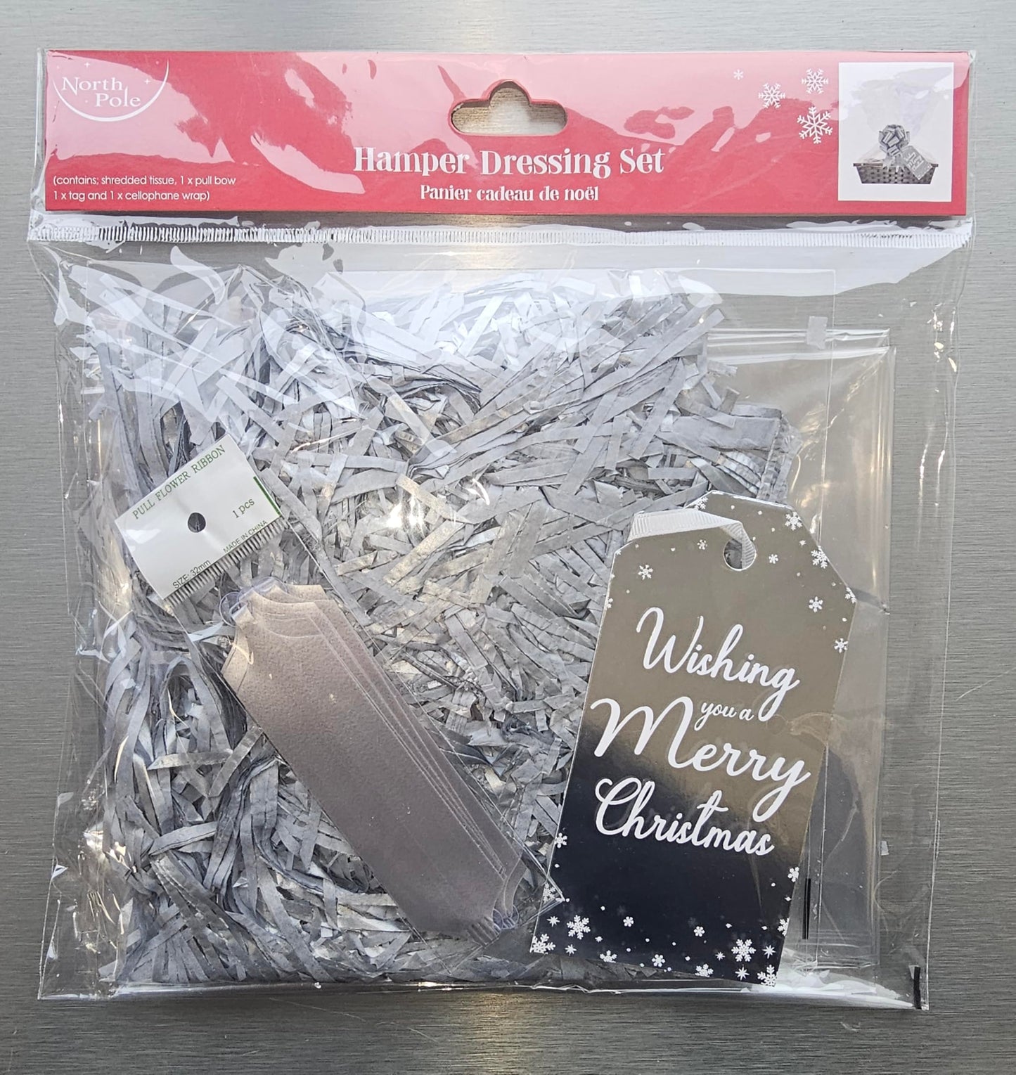 Wishing You A Merry Christmas Silver Hamper Dressing Set Contains Shredded Tissue Bow Tag Cellophane Wrap