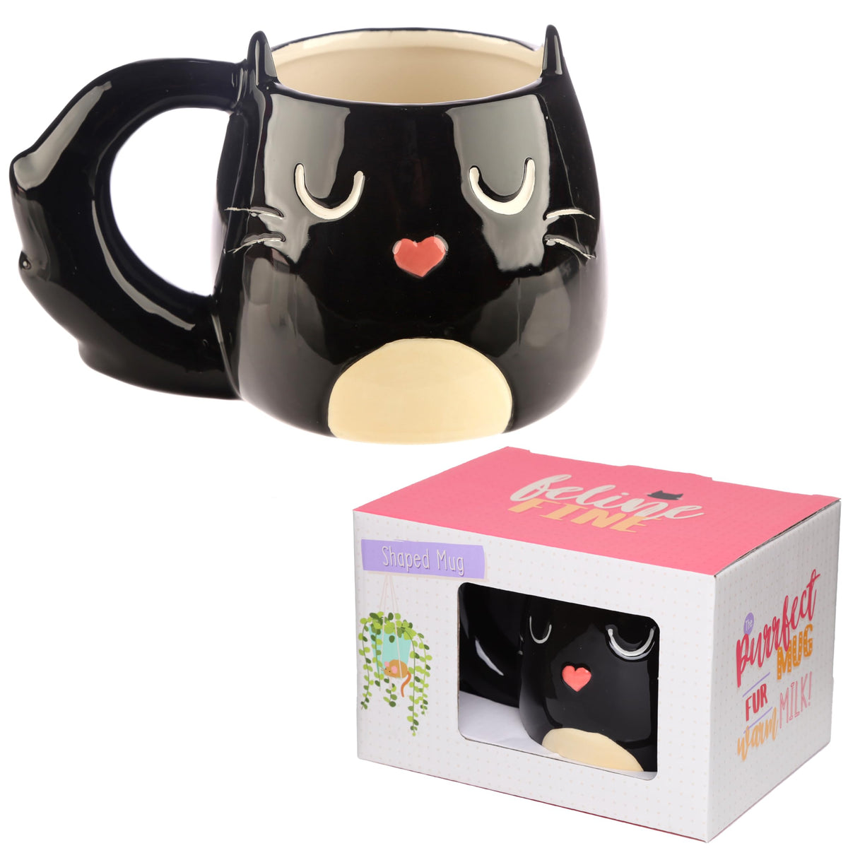 Puckator Feline Fine Black Cat Shaped Tea Coffee Mug - Funny Home Accessories - Cute Gifts for Girlfriend - Large Mugs for Men Women Hot Drinks - Cute Cups Presents - Secret Santa Gift - Cup Set