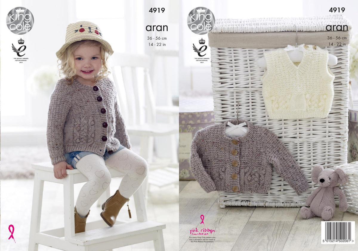 King Cole 4919 Knitting Pattern Baby Childrens Cardigans and Slipover in King Cole Big Value Aran