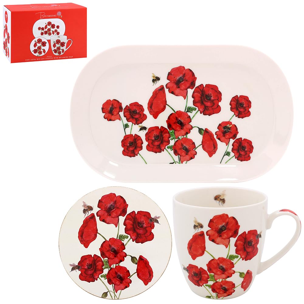 Mug, Coaster and Snack Tray Set - Bee-Tanical Red Poppies and Bees Design