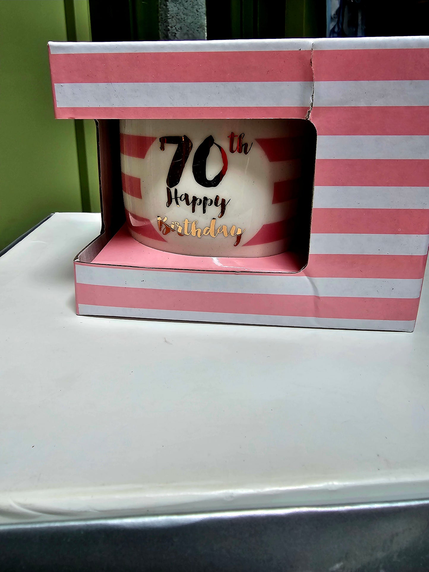 happy 70th birthday pink stripped mug