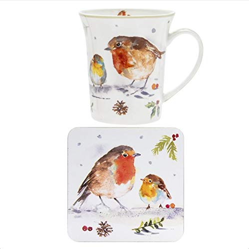 The Leonardo Collection LP52104 Winter Robins Mug and Coaster, 11x8x10cm, Boxed