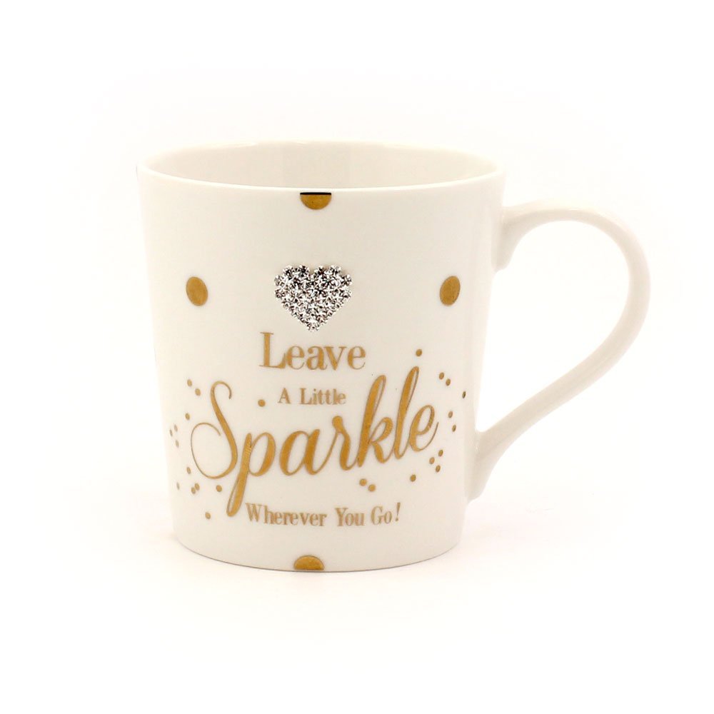 "Leave a Little Sparkle Wherever You Go" Diamante Love Heart White & Gold Fun Dotty Novelty Fine China Mug with Presentation Box