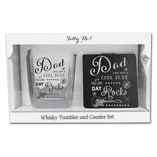 "Dad, You're a Cool Dude" Dad Themed Novelty Tumbler Glass and Coaster Set with Presentation Box