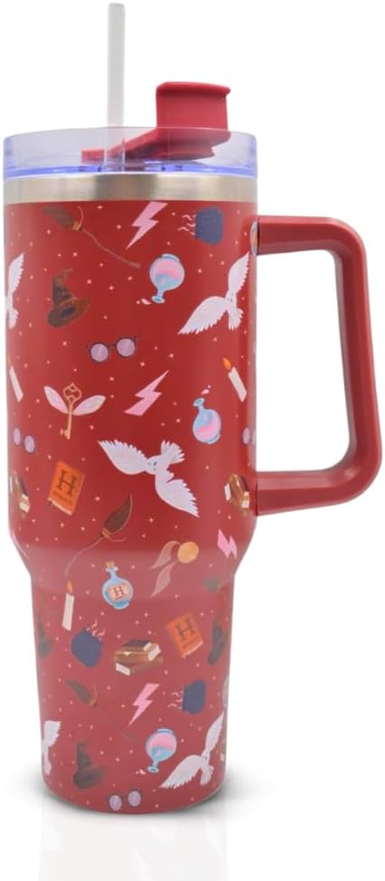 Harry Potter Insulated Stainless Steel Mug 1200ml with Handle & Straw Hogwarts Icons Design, Double‑Walled Travel Tumbler for Hot & Cold Drinks - Cold 17Hrs or Hot for 5Hrs, Red