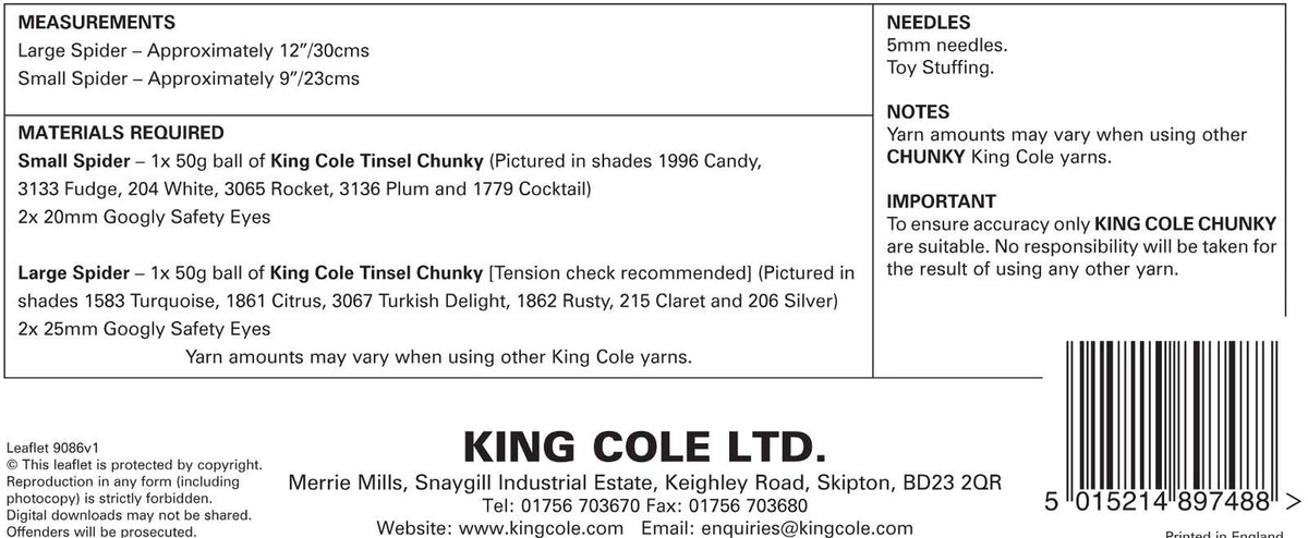 King Cole 9086 Knitting Pattern Halloween Tinsel Spiders in King Cole Tinsel Chunky