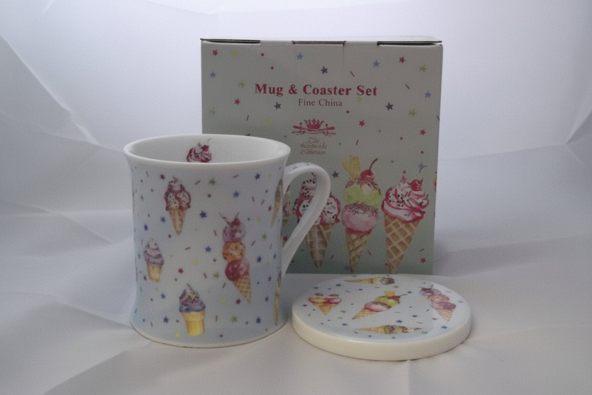 Ice Cream Mug & Coaster Blue Bone China Gift Boxed