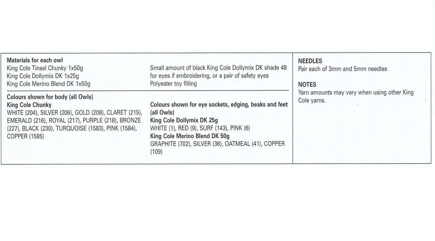 King Cole Tinsel Chunky & Dollymix DK Knitting Pattern Owl Animal Family 9022