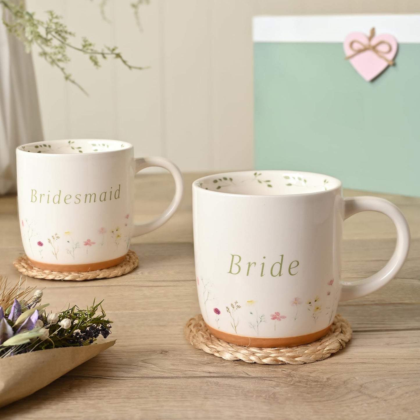 Widdop and Co Love Story Ceramic Mug – Bridesmaid | Floral Wedding Mug Gift for Bride-to-Be | Pastel Ceramic Coffee Cup Keepsake | Bridal Shower, Engagement, or Hen Party Present - 370ml / 12.5 oz.