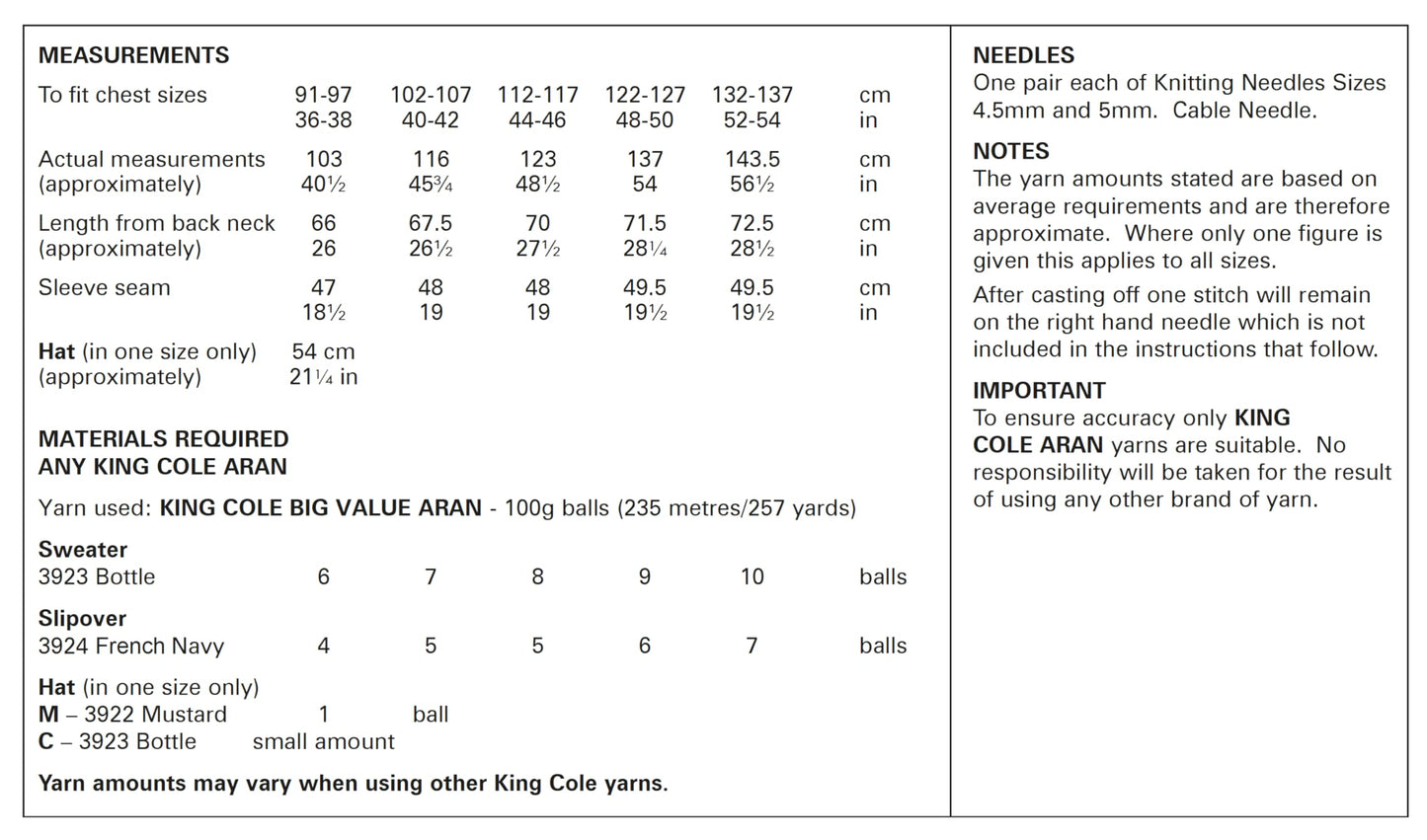 King Cole Men's Knitting Pattern, Double Knit Sweaters, Slipover and Hat (6190), 36” – 54” (91cm – 137cm)