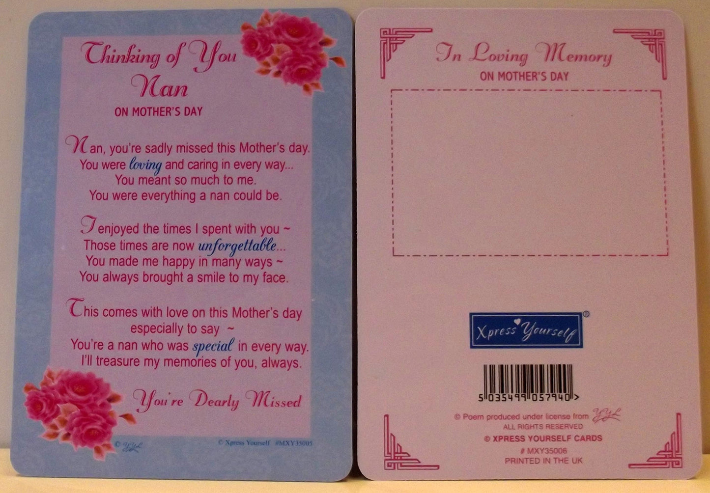 Loving Memory Mother's Day Graveside Memorial Card & Holder 5.75 x 4"- Thinking Of You Nan 35005