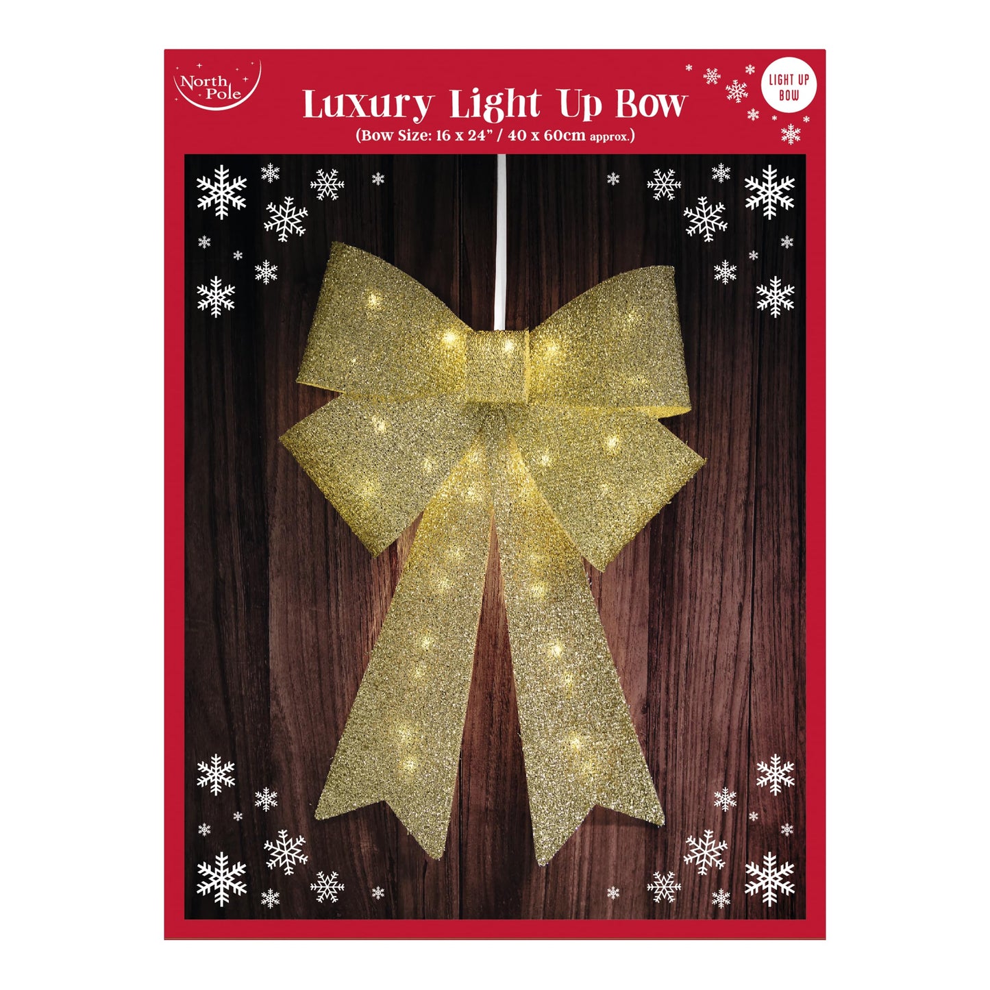 Eurowrap Large Gold Light Up Christmas Bow Decoration Indoor LED Door Bow 60cm x 40cm