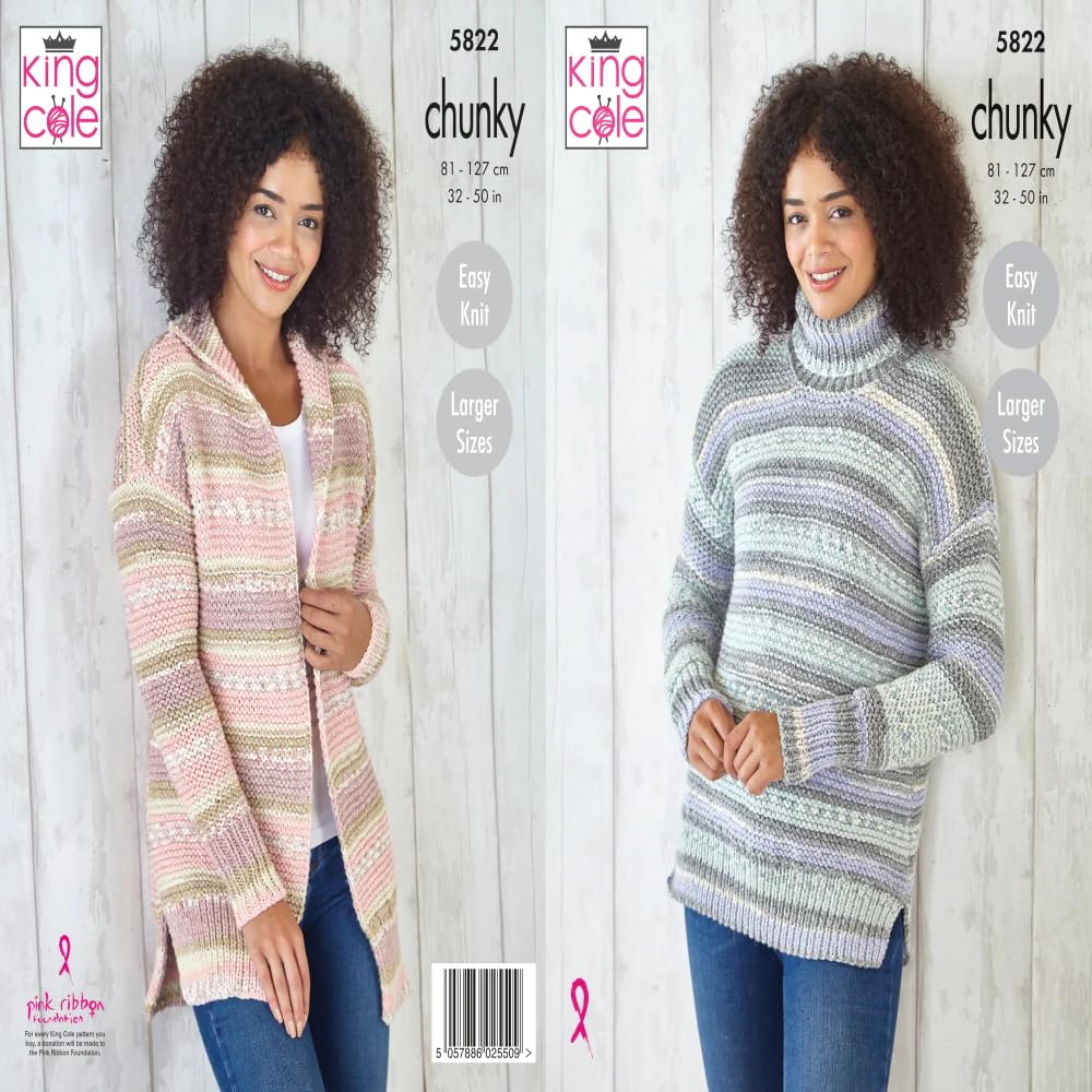 King Cole 5822 Adult Chunky Sweater Cardigan Knitting Pattern, 32" - 50"