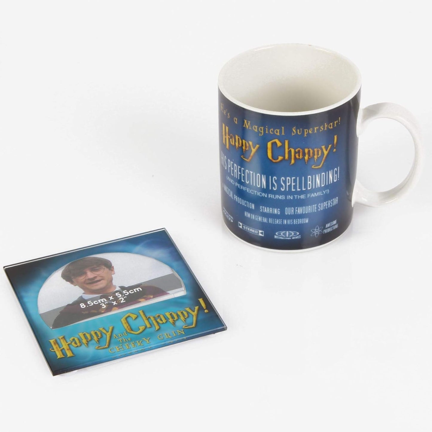 Moviecology mug coaster - Happy Chappy and The Cheeky Grin