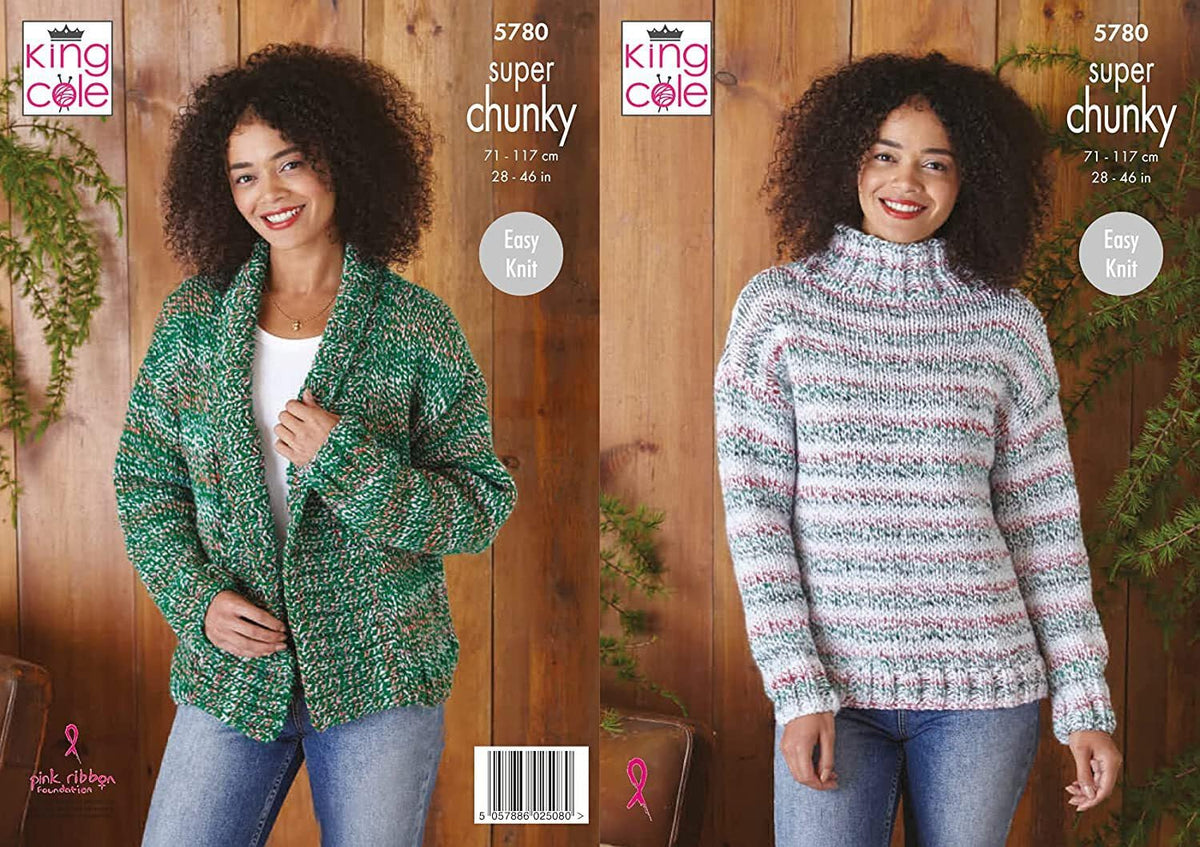 King Cole Super Chunky Knitting Pattern Easy Knit Sweater & Cardigan (5780), 28" - 46"