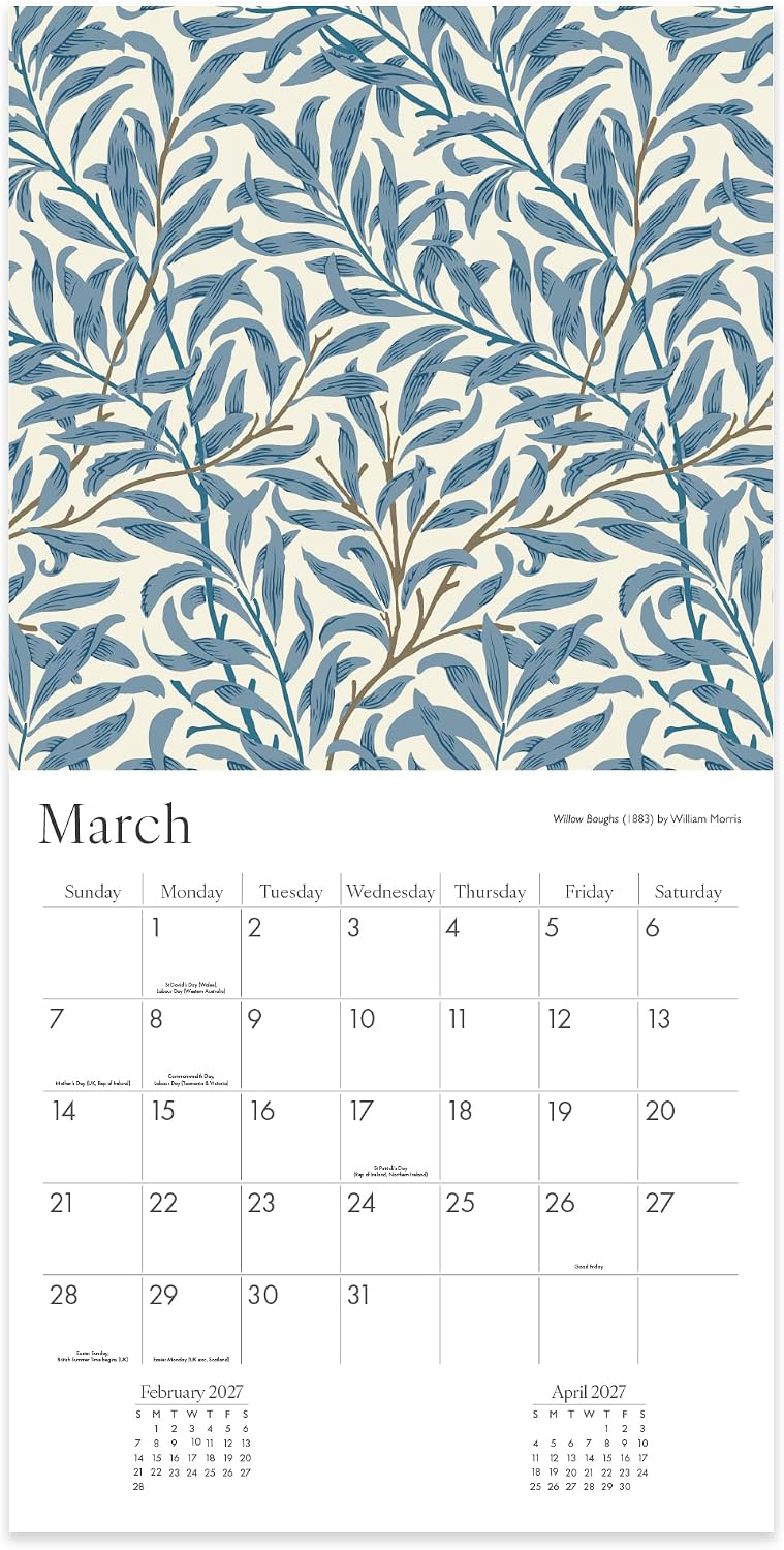 William Morris 2027 Square Wall Calendar | Monthly Planner Featuring Classic Patterns Like Strawberry Thief, Tulips, Willow Bough & More