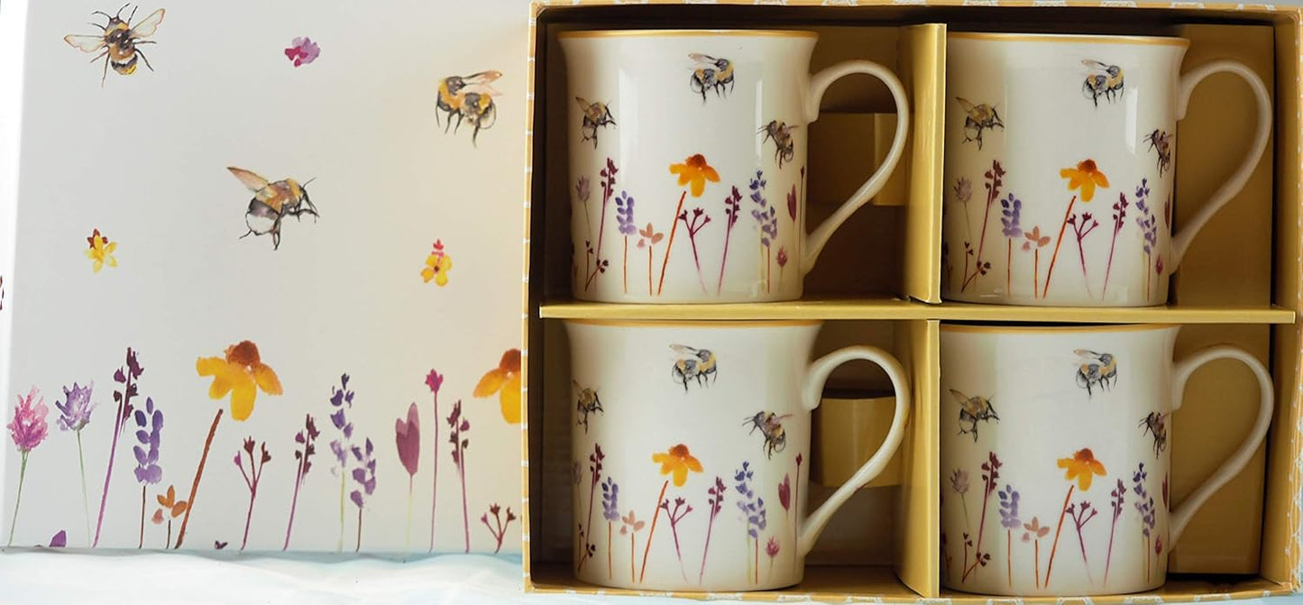 Lesser & Pavey Pretty Water Colour Busy Bees Design Fine China Mugs (Set of 4) 220 ml, Rose | Pretty Water Colour