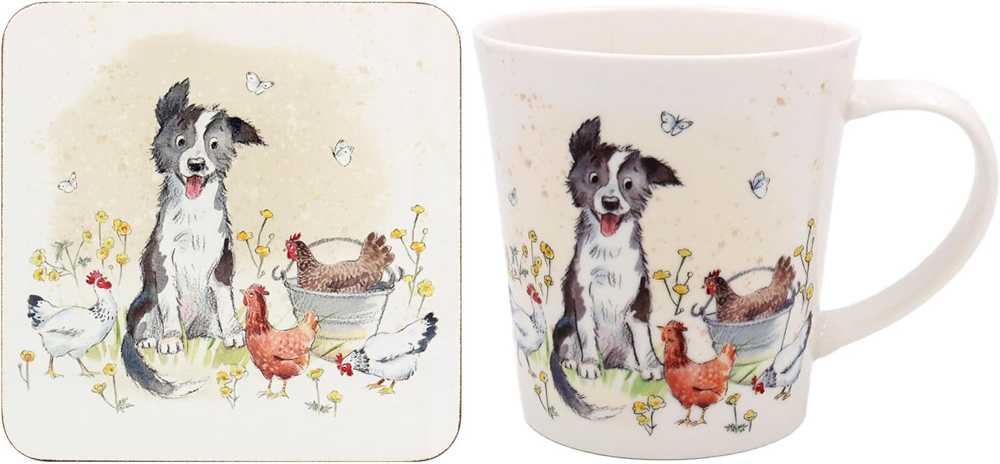 The Leonardo Collection Paper Shed Design Collie & Hens Mug with Coaster for Home & Kitchen | Stylish Ceramic Mugs for Tea & Coffee | Lovely Cup Set for Mens Gifts & Birthday Gifts for Women