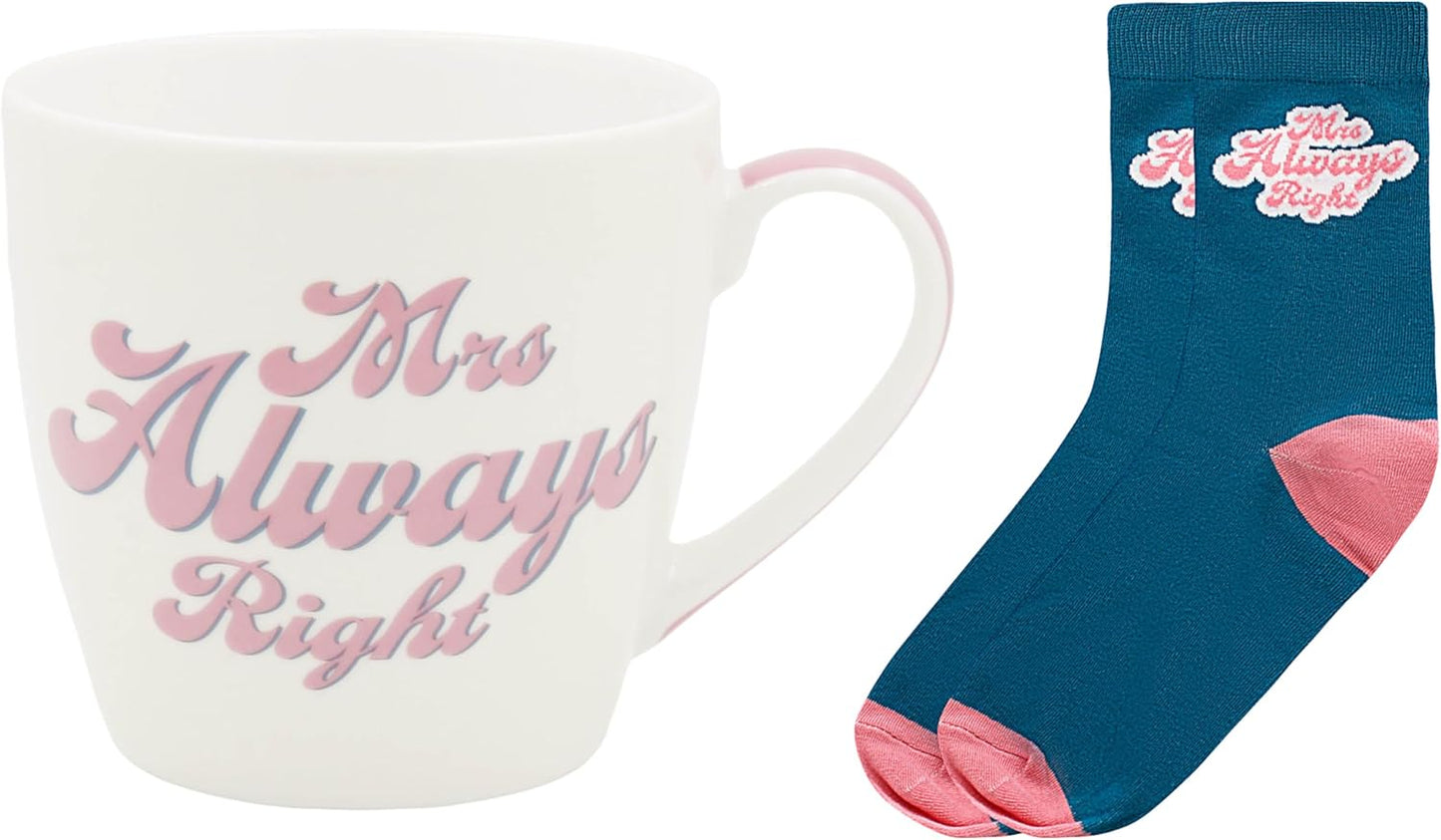 Lesser & Pavey His N Hers Mrs Always Right Mug & Sock Gift Set 480ml for Coffee, Tea and Hot Drinks | Fine China Coffee Mugs for Daily Use | Practical Drinkware Gifts for Women & Men