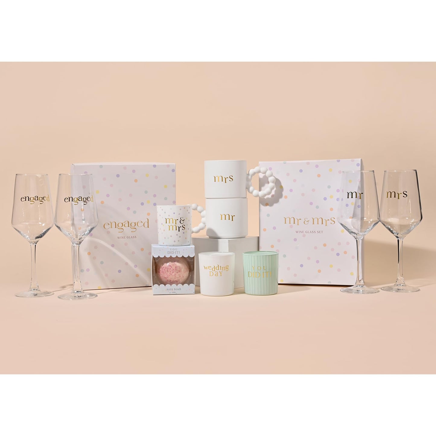 Widdop and Co Celebrations Confetti Mr & Mrs Birthday/Milestone/Wedding/Anniversary Set of 2 Mugs - White Ceramic Cups Gold Design & Unique Handle - Gift for Him or Her - 330ml / 11.15oz.