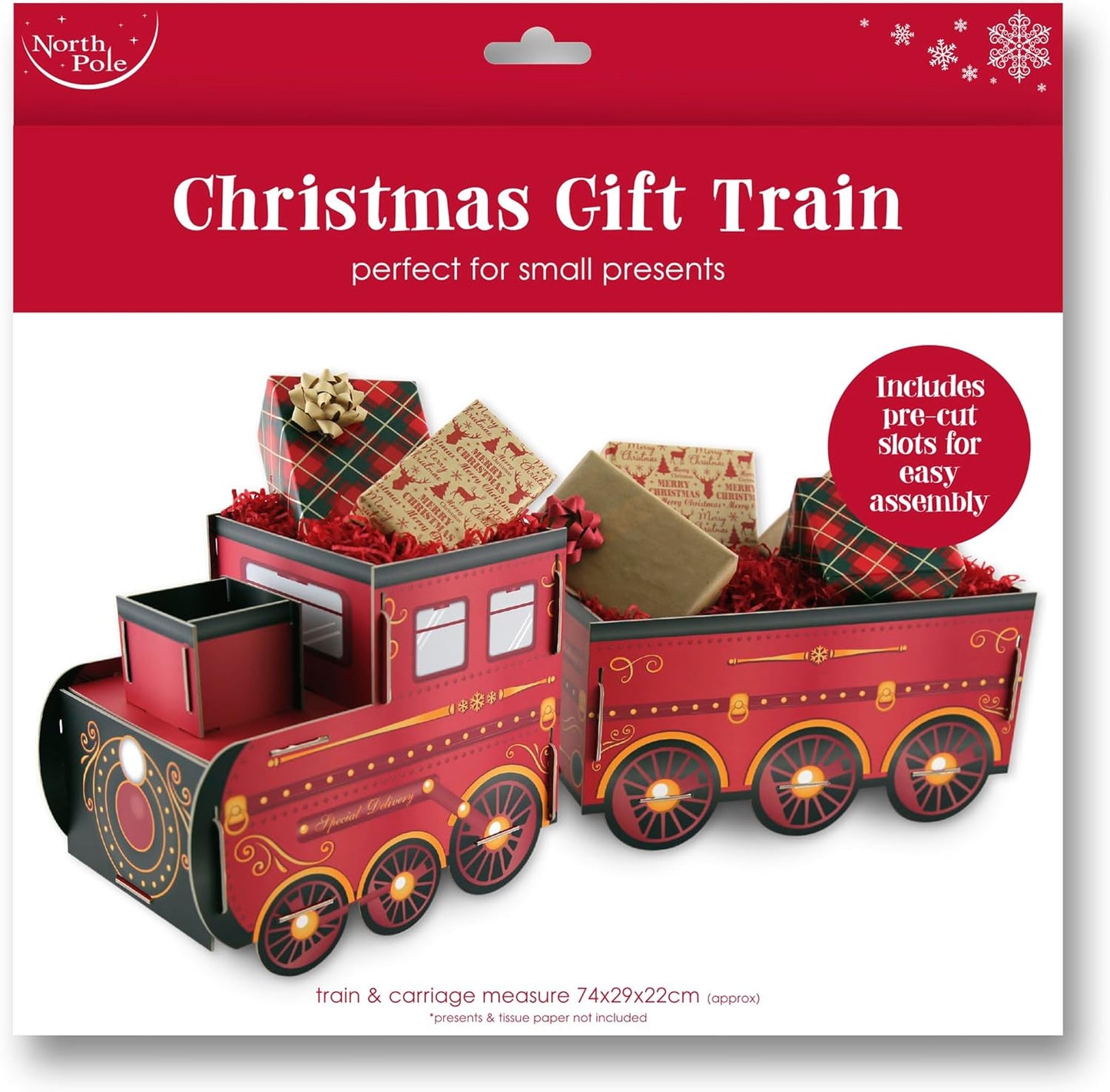 Eurowrap Train – Large 74cm Festive Red Gift Holder & Decorative Display Cardboard Train with Carriage