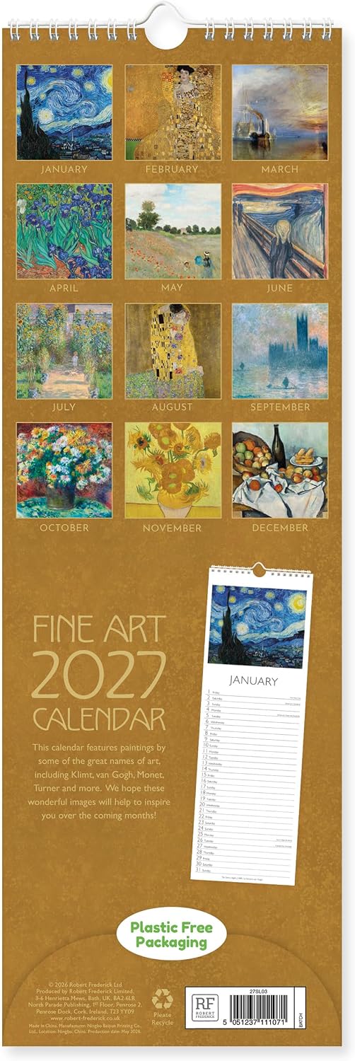Fine Art 2027 Slim Wall Calendar | Monthly Planner Featuring Famous Artwork by Klimt, Van Gogh, Monet, Turner & More