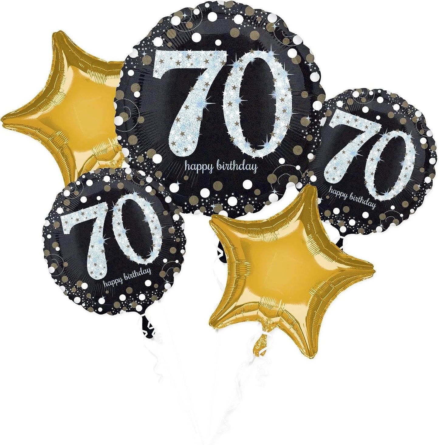 70th Birthday Glittery Gold 5 Foil Balloon Bouquets, Multicoloured
