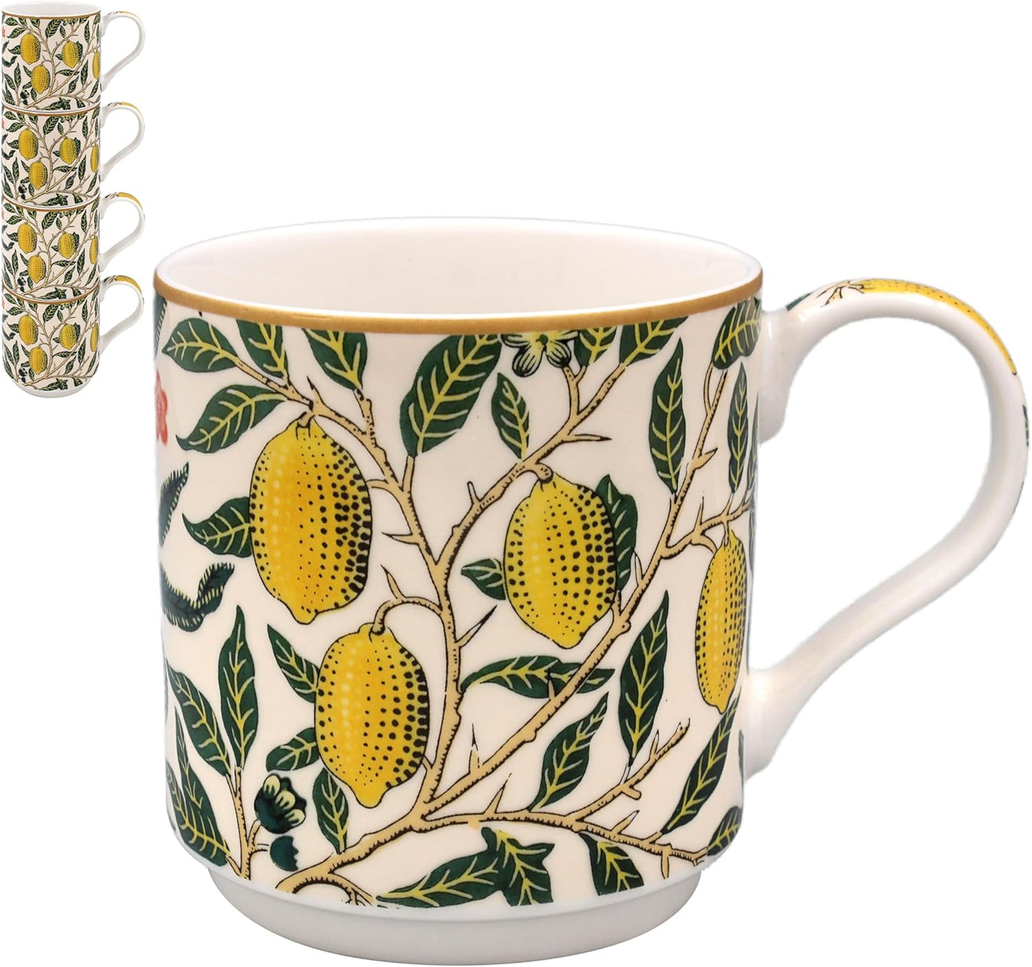 The Leonardo Collection Fruits Stacking Mugs Set of 4 William Morris, Tea and Coffee Mugs for Hot Drinks | Fine China Printed Mugs for Kitchen & Home | Reusable Ceramic Cups for Every Occasion