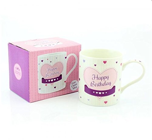 Happy Birthday Fine China Mug with Pink Love Heart Artwork and Matching Presentation Box