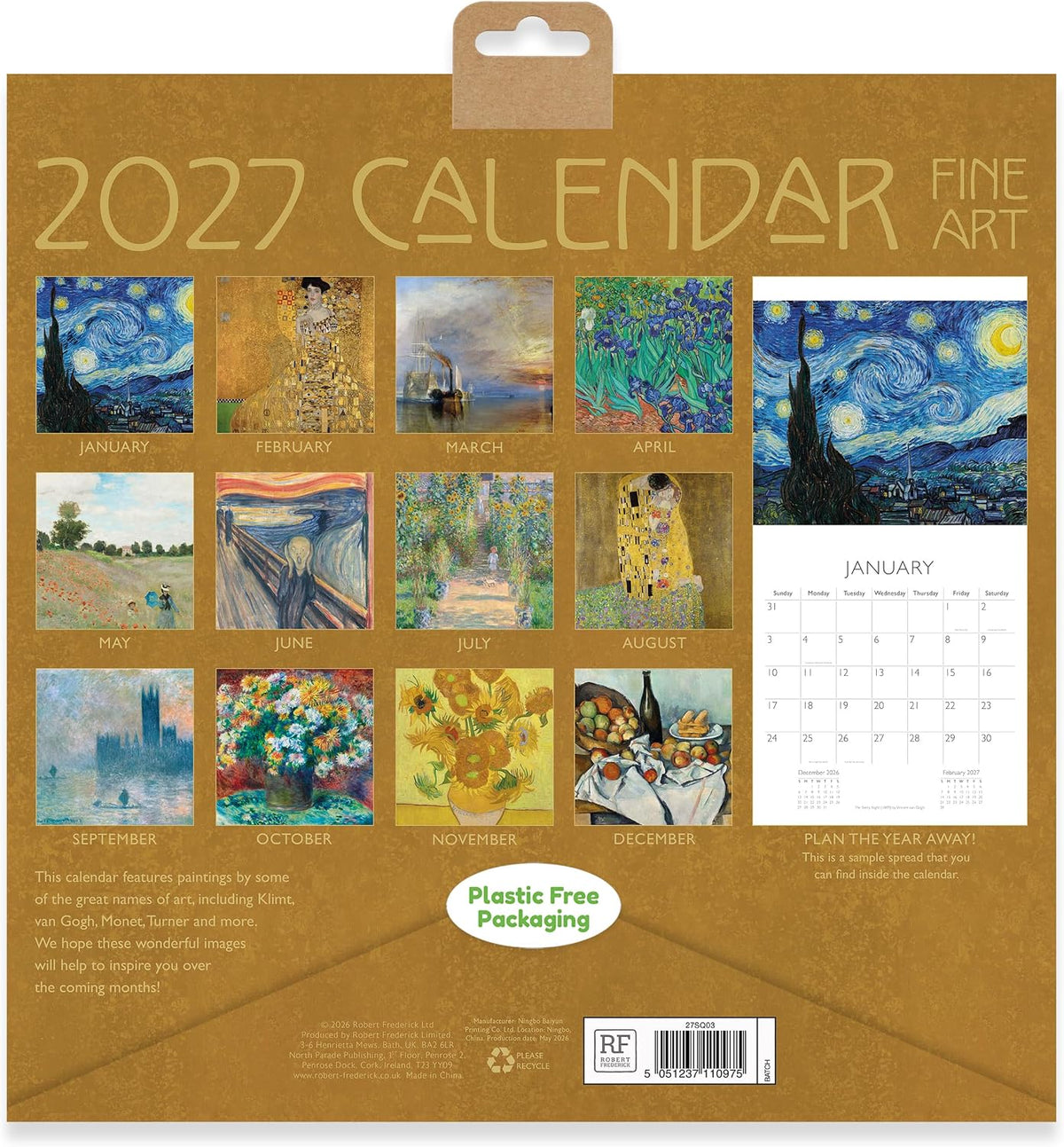 Fine Art 2027 Square Wall Calendar | Classic Art Monthly Planner with Masterpieces by by Klimt, Van Gogh, Monet, Turner & More
