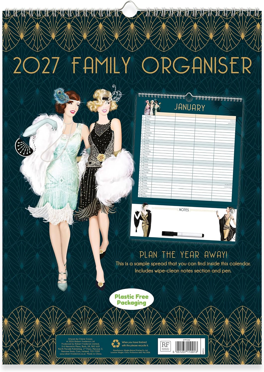 Claire Coxon Art Deco 2027 Family Organiser Wall Calendar | Large 4-Column Monthly Planner with Wipe-Clean Notes, Pen & Hanging Loop