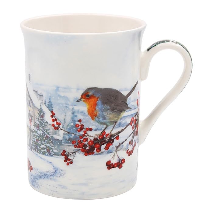 The Leonardo Collection Joe Davies Fine China Boxed Christmas Mug - Richard Macneil Christmas Robins Design - Cute Animal Themed Gift for Him/Her
