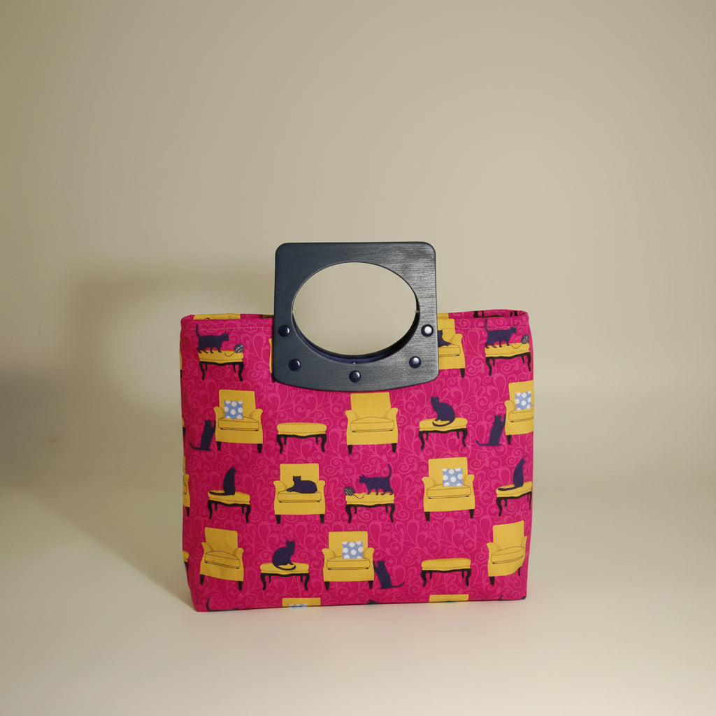 Knitting/Craft Bag with double handles - shopping style bag. Pink background fabric showing cats on chairs