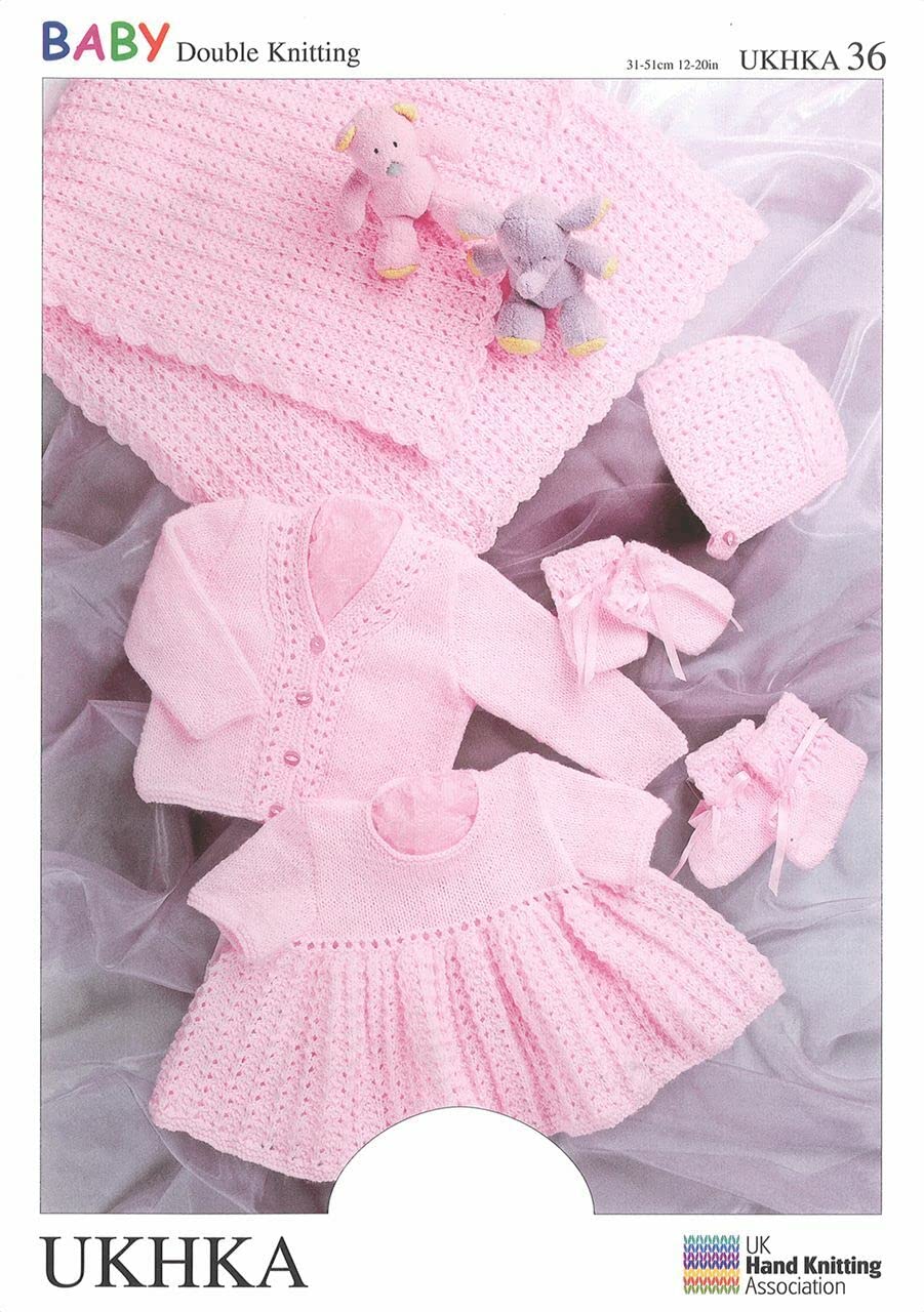 UKHKA/36 Shawl Cardigan Dress Hat Mitts & Bootees Baby Double Knitting Pattern,Pink