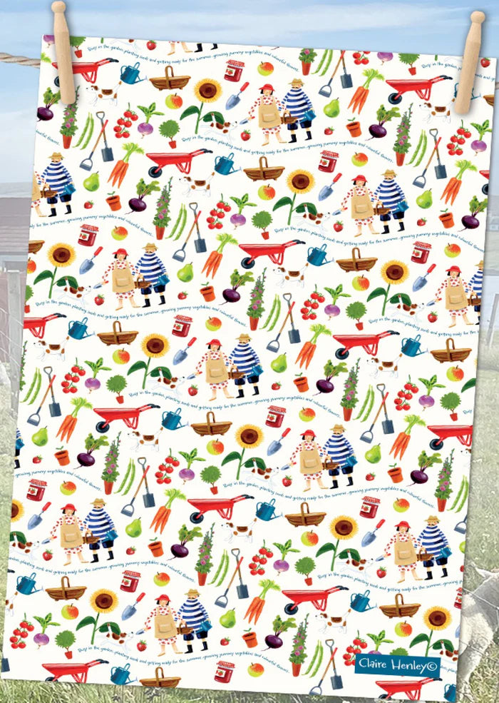 Emma Ball "Claire Henley Gardening", Pure cotton tea towel. Printed in the UK.