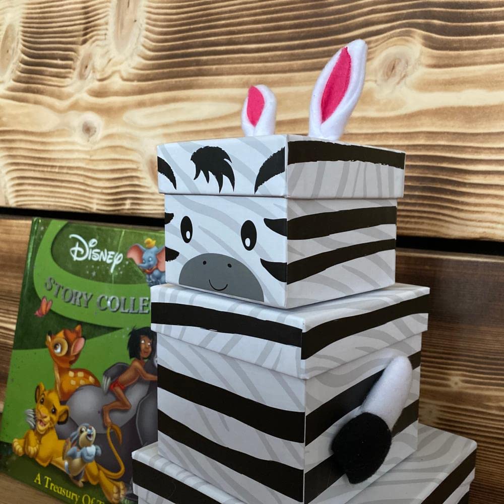 Luck and Luck Stackable Zebra Animal Gift Boxes, Childrens Nested Box, Zebra Gift Box, 3 Tier Nest Stacking Box, Kids Novelty Birthday Gift Box
