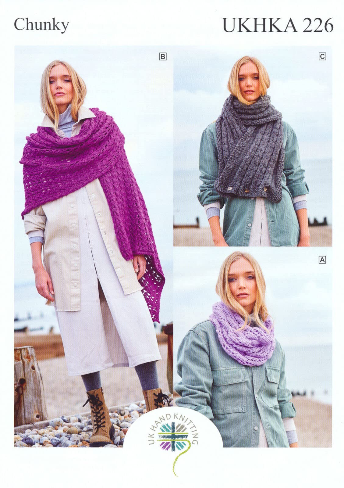 Chunky Knitting Pattern for Ladies Lace Shawl Button Scarf Neck Cuff UKHKA 226