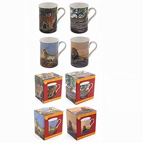 Lesser & Pavey Safari Big Cats Boxed Mugs Set of 4 Ceramic Animal Print Reusable Home Coffee Cup