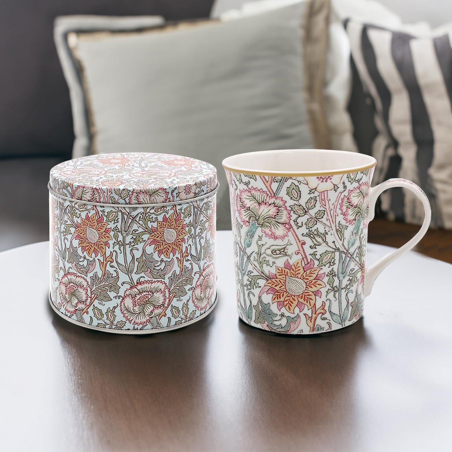 William Morris Pink & Rose Ceramic Mug in Round Tin