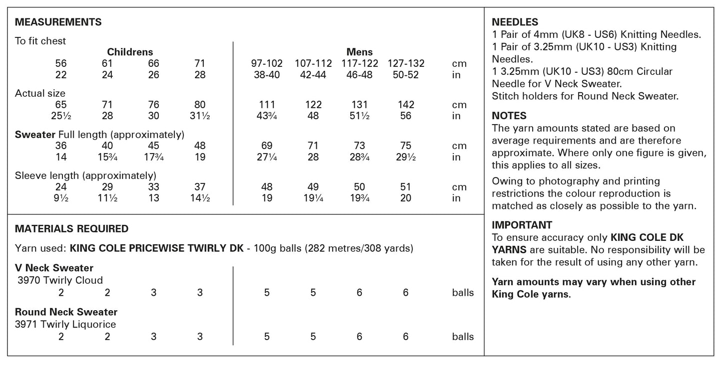 King Cole Men’s & Children's Knitting Pattern Double Knit Sweaters (6137), 22” – 52” (56 cm – 132cm) Chest