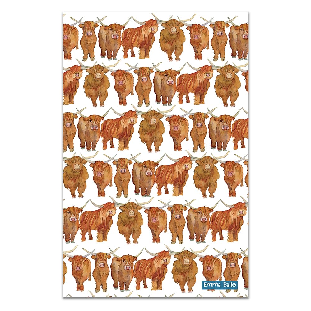Emma Ball "Highland Coos Pure Cotton Tea Towel. Printed in The UK.