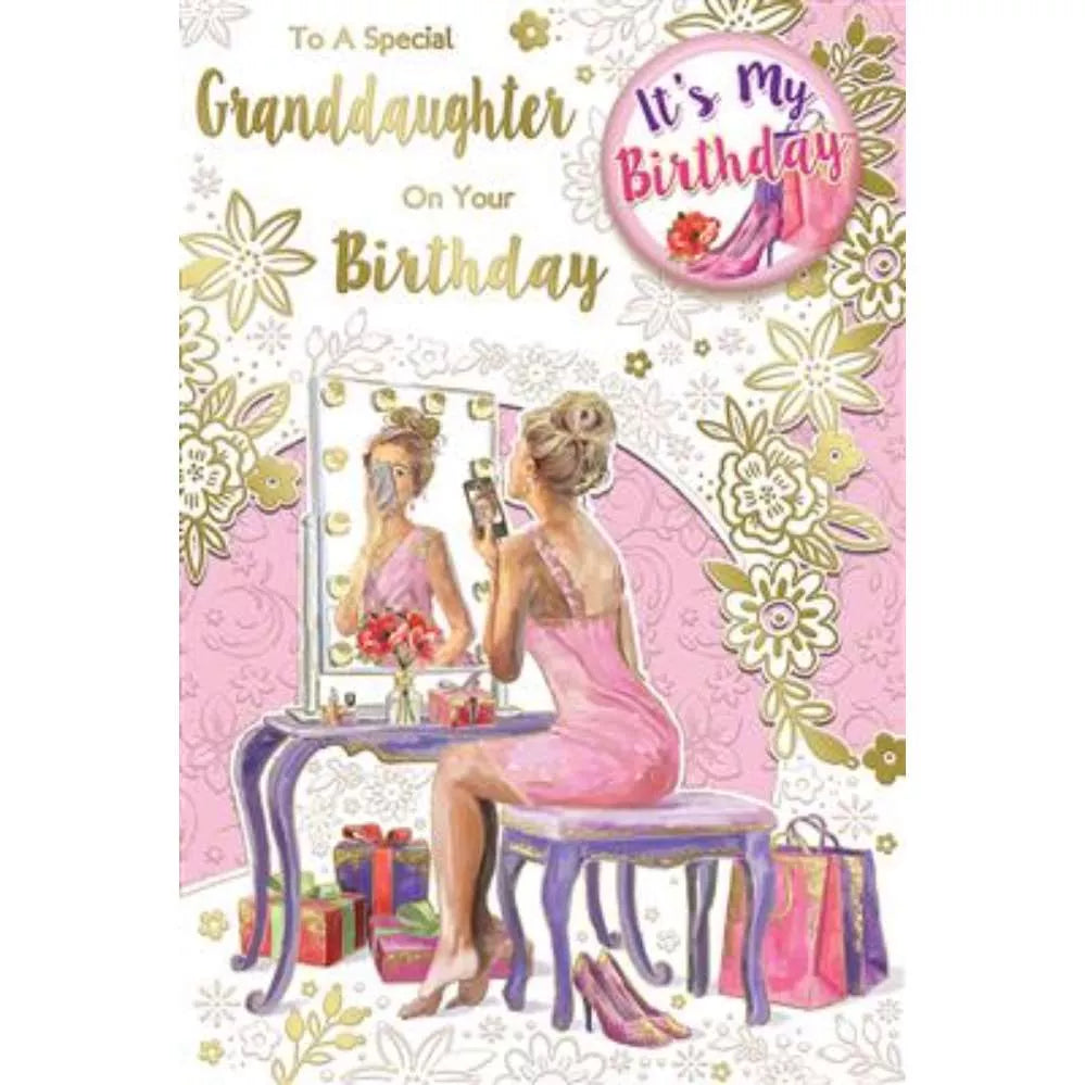 to a special grandaughter on your birthday card with badge