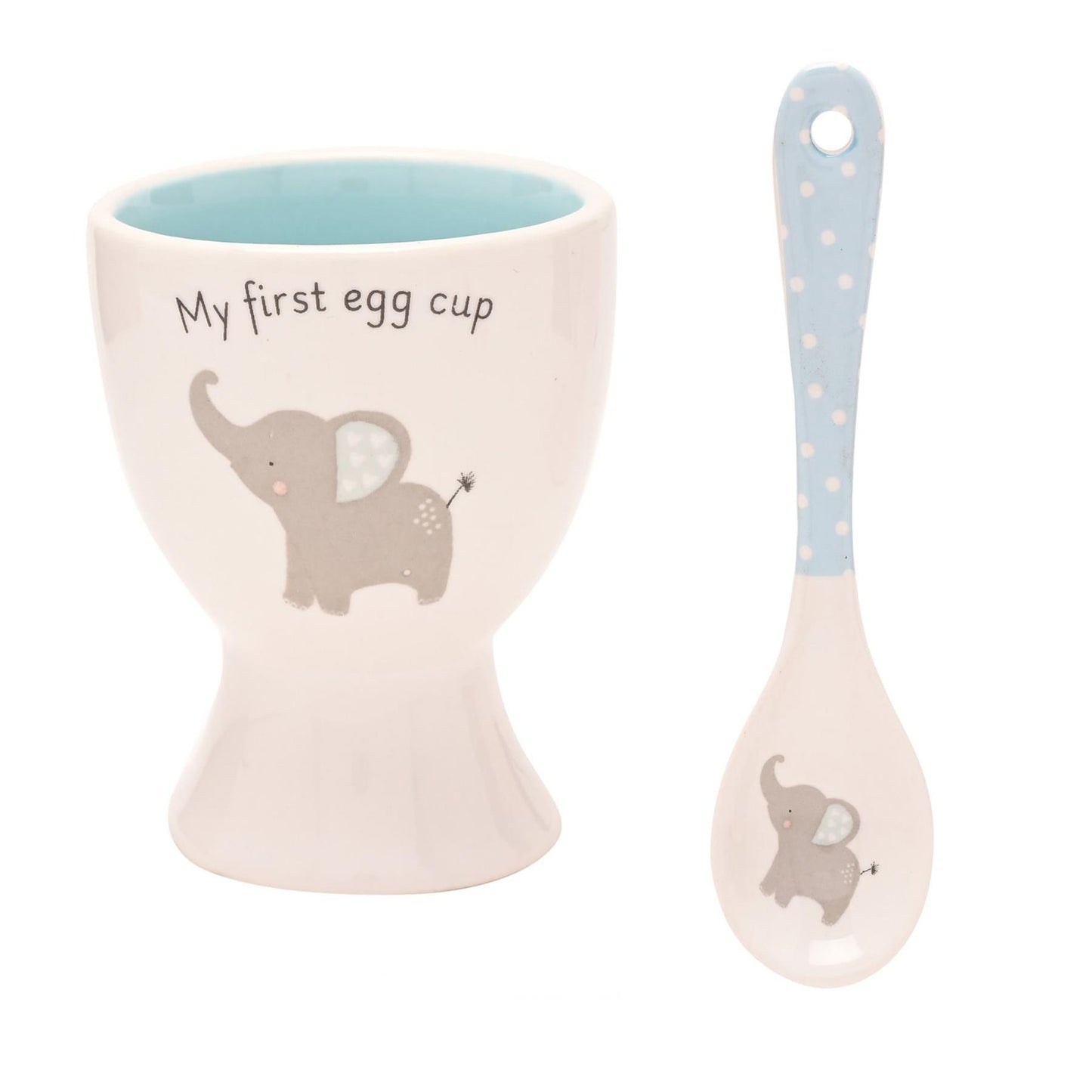 New Baby Ceramic Egg Cup and Spoon Gift Set Cute Elephant – blue