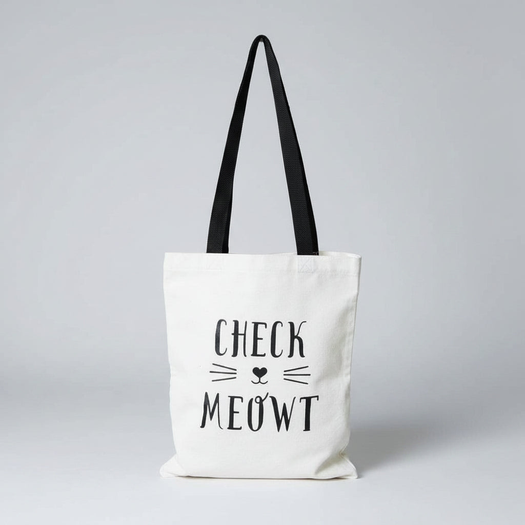 Check Meowt Cat Tote Bag Reusable Canvas Shopper Bag Black White Cute Cat