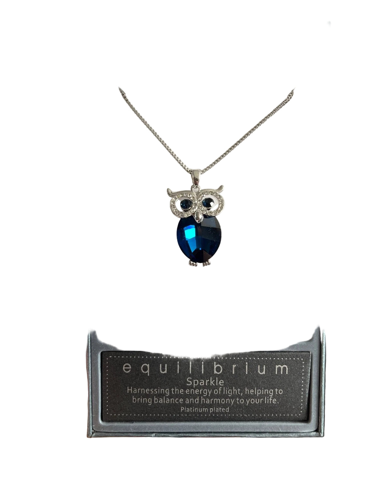 Equilibrium jewellery owl, silver pendant with blue jewel