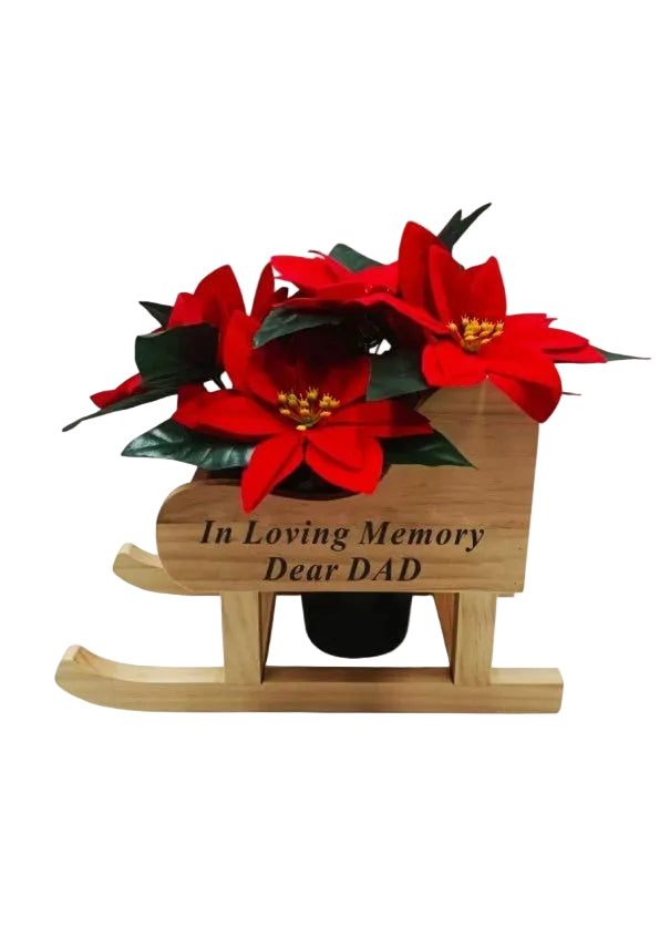 Memorial Wooden Sleigh WITH Red Poinsettia Grave Pot dad